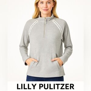Lilly Pulitzer Gray Half-Zip Pullover – Size XL – Crochet Detail